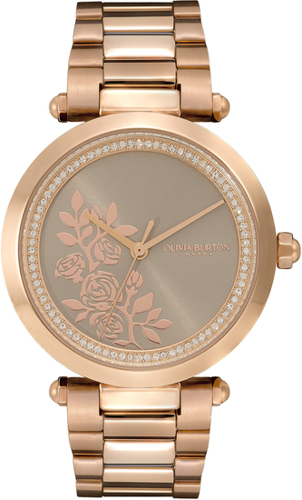 OLIVIA BURTON Signature 34mm Floral T-Bar Grey & Carnation Gold Bracelet Watch 24000044